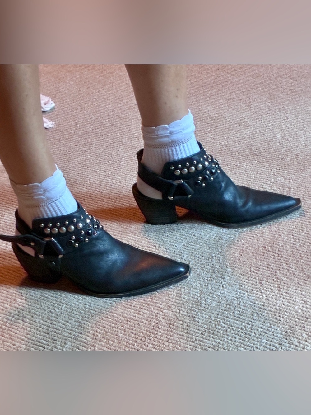 Super chic, cool girl FREE PEOPLE Black Pointed Toe Studded Slingback Boots
